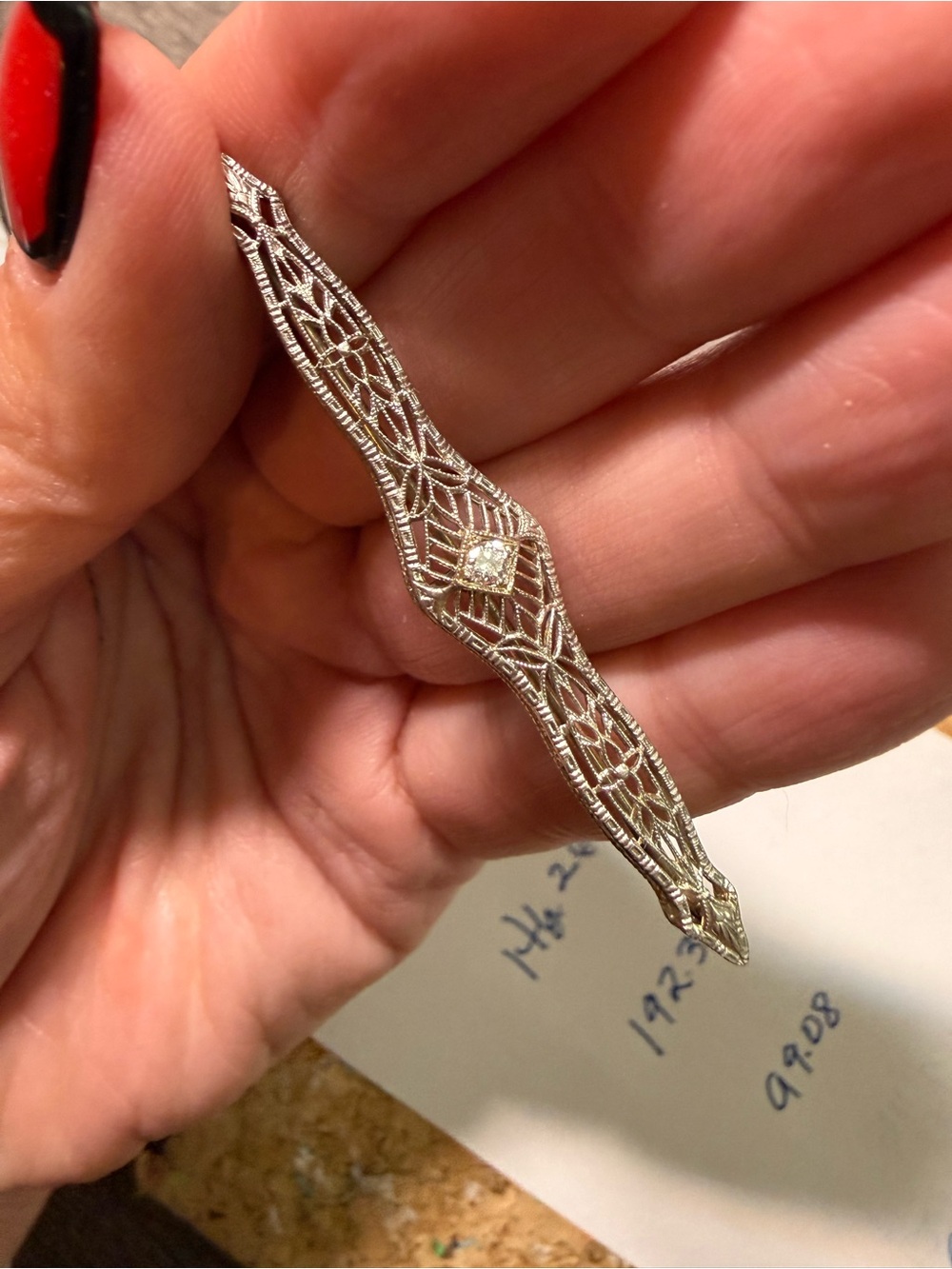 vintage Art Deco 14k white gold filigree bar brooch with .15 carat diamond